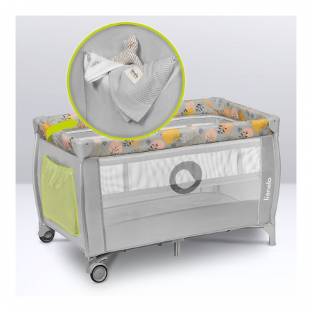 Patut pliant, Lionelo, Stefi Plus, Cu doua nivele, Cu intrare laterala cu fermoar, 2 roti, 120 x 60 cm, Conform cu standardul european de securitate EN 716, Roz/Galben [13]
