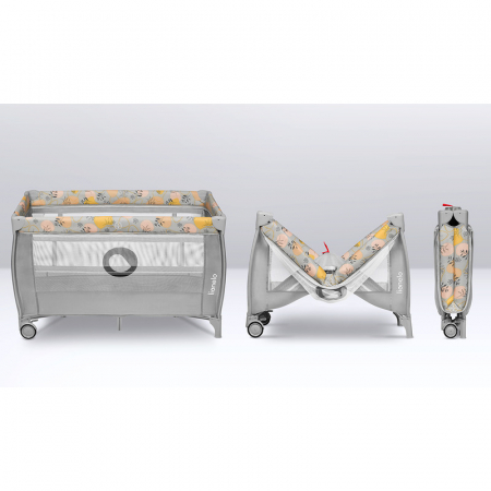 Patut pliant, Lionelo, Stefi Plus, Cu doua nivele, Cu intrare laterala cu fermoar, 2 roti, 120 x 60 cm, Conform cu standardul european de securitate EN 716, Roz/Galben [8]