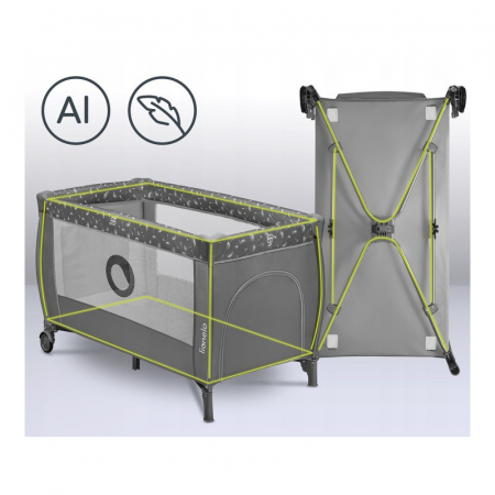 Patut pliant, Lionelo, Stefi Plus, Cu doua nivele, Cu intrare laterala cu fermoar, 2 roti, 120x60 cm, Conform cu standardul european de securitate EN 716, Gri [16]