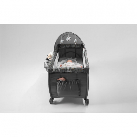 Patut pliant, Lionelo, Sven Plus, 120x60 cm, Cu doua nivele, Cu arcada jucarii, masuta de infasat, vibratii, melodii, conform cu standardele europeane de securitate EN716 si EN12221, Grey [37]