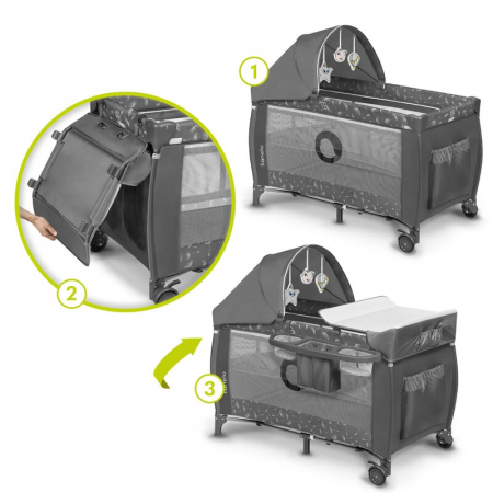 Patut pliant, Lionelo, Sven Plus, 120x60 cm, Cu doua nivele, Cu arcada jucarii, masuta de infasat, vibratii, melodii, conform cu standardele europeane de securitate EN716 si EN12221, Grey [34]