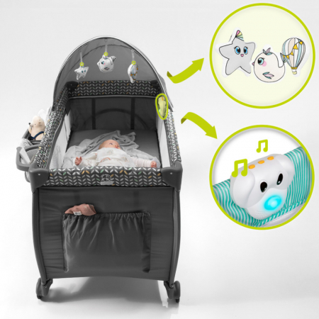 Patut pliant, Lionelo, Sven Plus, 120x60 cm, Cu doua nivele, Cu arcada jucarii, masuta de infasat, vibratii, melodii, conform cu standardele europeane de securitate EN716 si EN12221, Turcoaz/Gri [19]