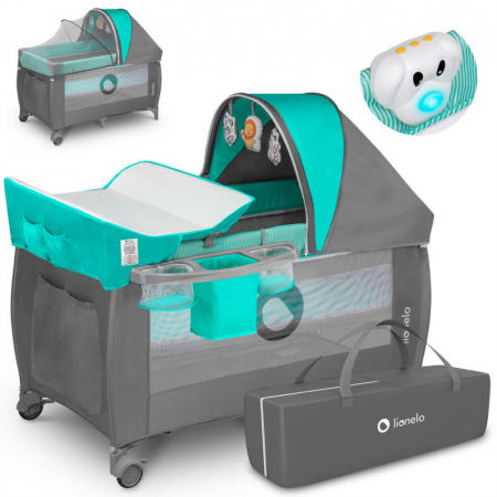 Patut pliant, Lionelo, Sven Plus, 120x60 cm, Cu doua nivele, Cu arcada jucarii, masuta de infasat, vibratii, melodii, conform cu standardele europeane de securitate EN716 si EN12221, Turcoaz/Gri [35]