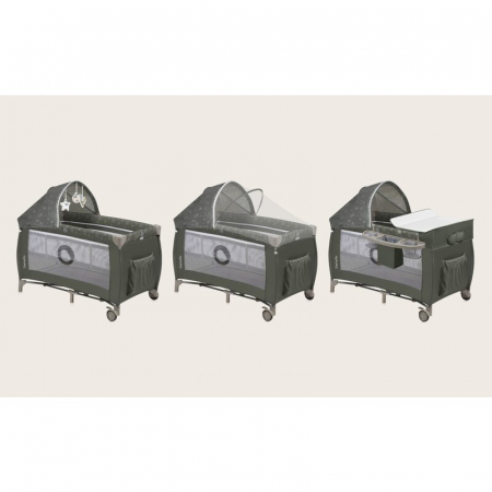 Patut pliant, Lionelo, Sven Plus, 120x60 cm, Cu doua nivele, Cu arcada jucarii, masuta de infasat, vibratii, melodii, conform cu standardele europeane de securitate EN716 si EN12221, Bej Olive [6]