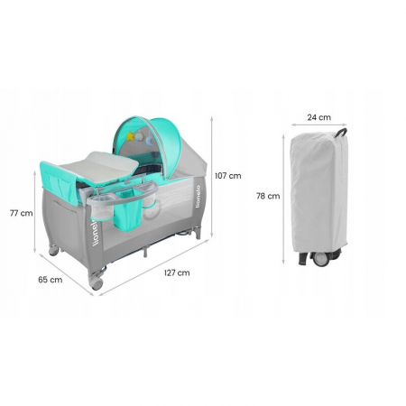 Patut pliant, Lionelo, Sven Plus, 120x60 cm, Cu doua nivele, Cu arcada jucarii, masuta de infasat, vibratii, melodii, conform cu standardele europeane de securitate EN716 si EN12221, Turcoaz/Gri [36]