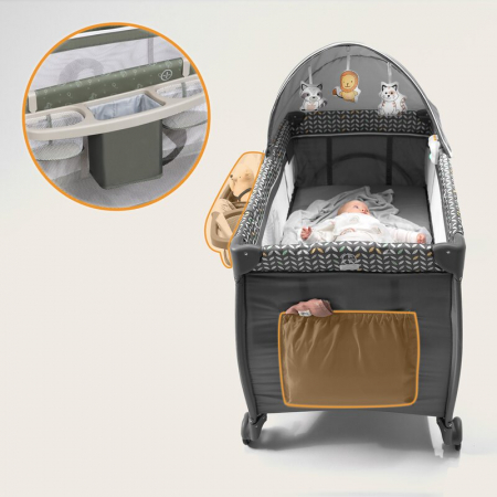Patut pliant, Lionelo, Sven Plus, 120x60 cm, Cu doua nivele, Cu arcada jucarii, masuta de infasat, vibratii, melodii, conform cu standardele europeane de securitate EN716 si EN12221, Bej Olive [9]