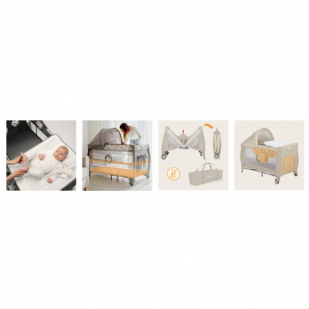 Patut pliant, Lionelo, Sven Plus, 120x60 cm, Cu doua nivele, Cu arcada jucarii, masuta de infasat, vibratii, melodii, conform cu standardele europeane de securitate EN716 si EN12221, Bej Latte [26]