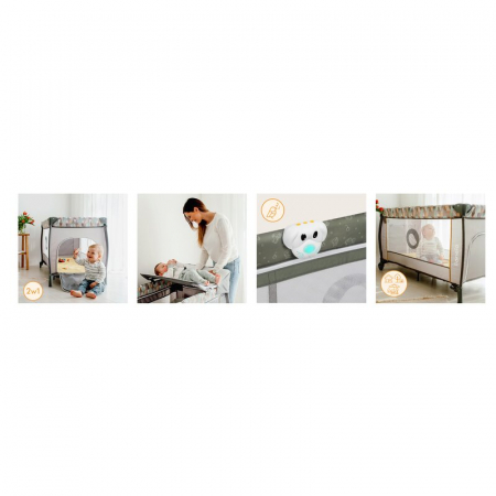 Patut pliant, Lionelo, Sven Plus, 120x60 cm, Cu doua nivele, Cu arcada jucarii, masuta de infasat, vibratii, melodii, conform cu standardele europeane de securitate EN716 si EN12221, Bej Olive [25]