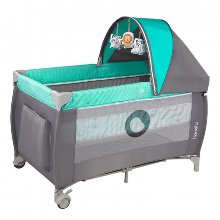 Patut pliant, Lionelo, Sven Plus, 120x60 cm, Cu doua nivele, Cu arcada jucarii, masuta de infasat, vibratii, melodii, conform cu standardele europeane de securitate EN716 si EN12221, Turcoaz/Gri [5]