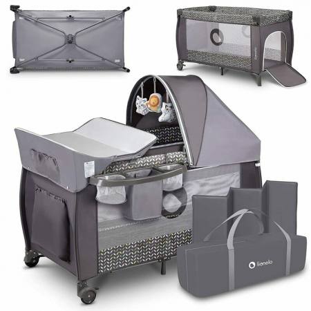 Patut pliant, Lionelo, Sven Plus, 120x60 cm, Cu doua nivele, Cu arcada jucarii, masuta de infasat, vibratii, melodii  conform cu standardele europeane de securitate EN716 si EN12221, Grey Scandi [2]