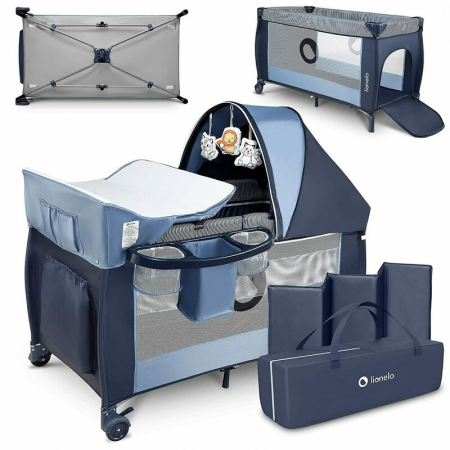 Patut pliant, Lionelo, Sven Plus, 120x60 cm, Cu doua nivele, Cu arcada jucarii, masuta de infasat, vibratii, melodii, conform cu standardele europeane de securitate EN716 si EN12221, Blue Navy [4]