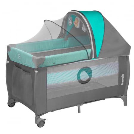 Patut pliant, Lionelo, Sven Plus, 120x60 cm, Cu doua nivele, Cu arcada jucarii, masuta de infasat, vibratii, melodii, conform cu standardele europeane de securitate EN716 si EN12221, Turcoaz/Gri [4]