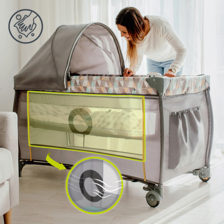 Patut pliant, Lionelo, Sven Plus, 120x60 cm, Cu doua nivele, Cu arcada jucarii, masuta de infasat, vibratii, melodii, conform cu standardele europeane de securitate EN716 si EN12221, Turcoaz/Gri [34]