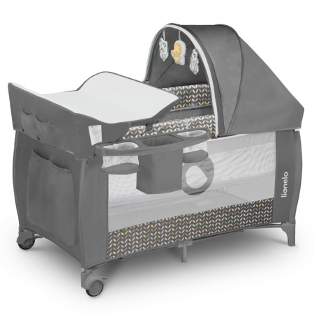 Mobilier si Lenjerie - Patut pliant, Lionelo, Sven Plus, 120x60 cm, Cu doua nivele, Cu arcada jucarii, masuta de infasat, vibratii, melodii  conform cu standardele europeane de securitate EN716 si EN12221, Grey Scandi