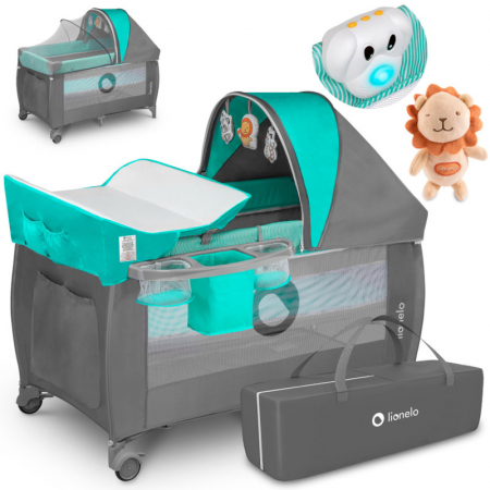 Patut pliant, Lionelo, Sven Plus, 120x60 cm, Cu doua nivele, Cu arcada jucarii, masuta de infasat, vibratii, melodii, conform cu standardele europeane de securitate EN716 si EN12221, Turcoaz/Gri [32]