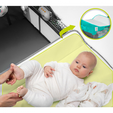 Patut pliant, Lionelo, Sven Plus, 120x60 cm, Cu doua nivele, Cu arcada jucarii, masuta de infasat, vibratii, melodii, conform cu standardele europeane de securitate EN716 si EN12221, Turcoaz/Gri [20]