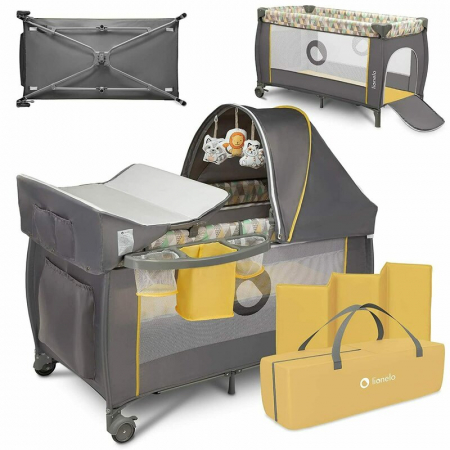 Patut pliant, Lionelo, Sven Plus, 120x60 cm, Cu doua nivele, Cu arcada jucarii, masuta de infasat  vibratii, melodii, conform cu standardele europeane de securitate EN716 si EN12221, Yellow Scandi [3]