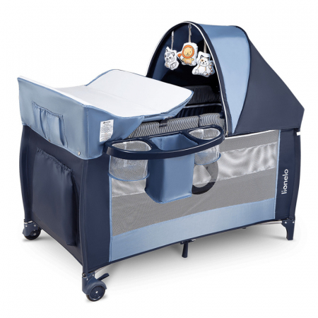 Mobilier si Lenjerie - Patut pliant, Lionelo, Sven Plus, 120x60 cm, Cu doua nivele, Cu arcada jucarii, masuta de infasat, vibratii, melodii, conform cu standardele europeane de securitate EN716 si EN12221, Blue Navy