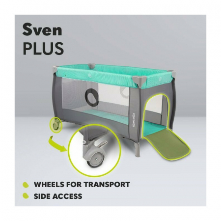 Patut pliant, Lionelo, Sven Plus, 120x60 cm, Cu doua nivele, Cu arcada jucarii, masuta de infasat, vibratii, melodii, conform cu standardele europeane de securitate EN716 si EN12221, Turcoaz/Gri [31]