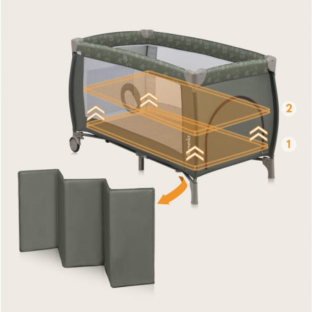 Patut pliant, Lionelo, Sven Plus, 120x60 cm, Cu doua nivele, Cu arcada jucarii, masuta de infasat, vibratii, melodii, conform cu standardele europeane de securitate EN716 si EN12221, Bej Olive [7]