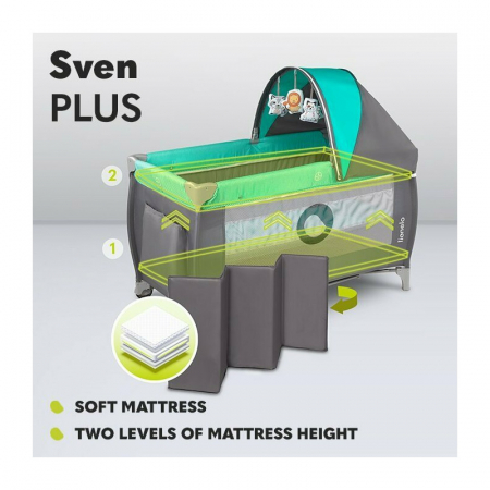 Patut pliant, Lionelo, Sven Plus, 120x60 cm, Cu doua nivele, Cu arcada jucarii, masuta de infasat, vibratii, melodii, conform cu standardele europeane de securitate EN716 si EN12221, Turcoaz/Gri [25]