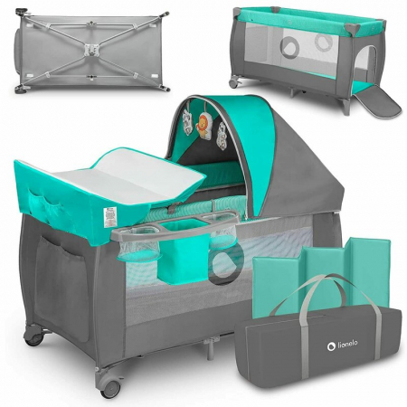 Patut pliant, Lionelo, Sven Plus, 120x60 cm, Cu doua nivele, Cu arcada jucarii, masuta de infasat, vibratii, melodii, conform cu standardele europeane de securitate EN716 si EN12221, Turcoaz/Gri [2]