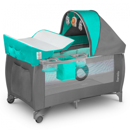 Mobilier si Lenjerie - Patut pliant, Lionelo, Sven Plus, 120x60 cm, Cu doua nivele, Cu arcada jucarii, masuta de infasat, vibratii, melodii, conform cu standardele europeane de securitate EN716 si EN12221, Turcoaz/Gri