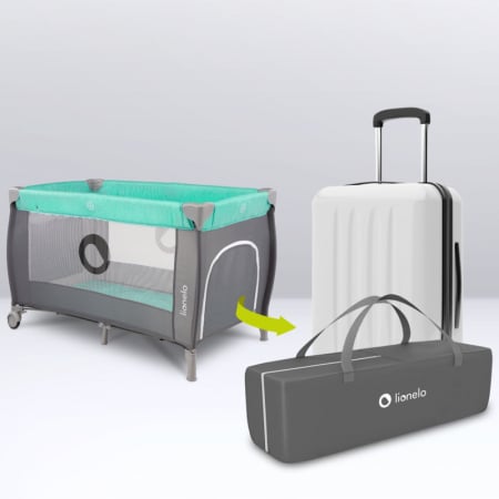 Patut pliant, Lionelo, Sven Plus, 120x60 cm, Cu doua nivele, Cu arcada jucarii, masuta de infasat, vibratii, melodii, conform cu standardele europeane de securitate EN716 si EN12221, Turcoaz/Gri [21]