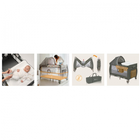 Patut pliant, Lionelo, Sven Plus, 120x60 cm, Cu doua nivele, Cu arcada jucarii, masuta de infasat, vibratii, melodii, conform cu standardele europeane de securitate EN716 si EN12221, Bej Olive [24]