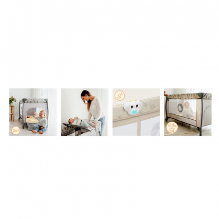 Patut pliant, Lionelo, Sven Plus, 120x60 cm, Cu doua nivele, Cu arcada jucarii, masuta de infasat, vibratii, melodii, conform cu standardele europeane de securitate EN716 si EN12221, Bej Latte [25]