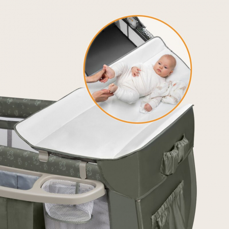 Patut pliant, Lionelo, Sven Plus, 120x60 cm, Cu doua nivele, Cu arcada jucarii, masuta de infasat, vibratii, melodii, conform cu standardele europeane de securitate EN716 si EN12221, Bej Olive [12]