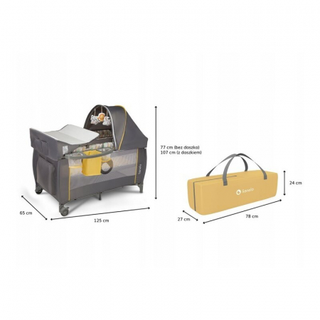 Patut pliant, Lionelo, Sven Plus, 120x60 cm, Cu doua nivele, Cu arcada jucarii, masuta de infasat  vibratii, melodii, conform cu standardele europeane de securitate EN716 si EN12221, Yellow Scandi [17]