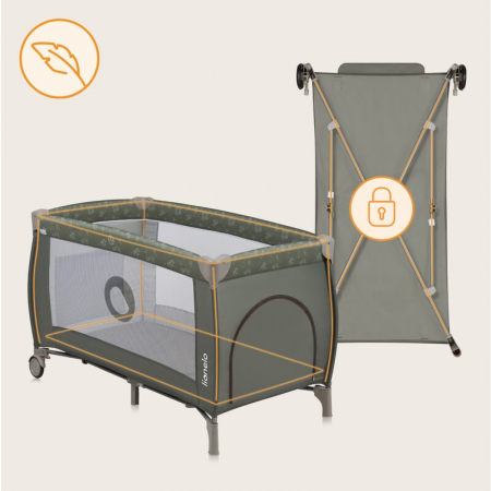 Patut pliant, Lionelo, Sven Plus, 120x60 cm, Cu doua nivele, Cu arcada jucarii, masuta de infasat, vibratii, melodii, conform cu standardele europeane de securitate EN716 si EN12221, Bej Olive [8]