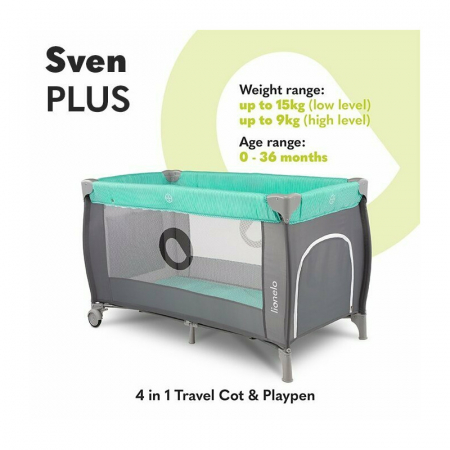 Patut pliant, Lionelo, Sven Plus, 120x60 cm, Cu doua nivele, Cu arcada jucarii, masuta de infasat, vibratii, melodii, conform cu standardele europeane de securitate EN716 si EN12221, Turcoaz/Gri [29]