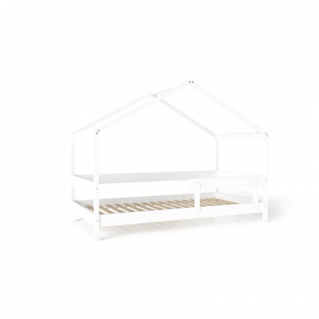 Patut tip casuta din lemn junior, 160x80 cm, Din lemn certificat FSC, Transformabil in casuta de joaca, Cu bariera de protectie, In stil scandinav, Alb, YappyKids, YappyHytte Bed [10]