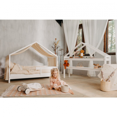 Patut tip casuta din lemn junior, 160x80 cm, Din lemn certificat FSC, Transformabil in casuta de joaca, Cu bariera de protectie, In stil scandinav, Alb, YappyKids, YappyHytte Bed [8]