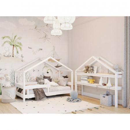 Patut tip casuta din lemn junior, 160x80 cm, Din lemn certificat FSC, Transformabil in casuta de joaca, Cu bariera de protectie, In stil scandinav, Alb, YappyKids, YappyHytte Bed [5]