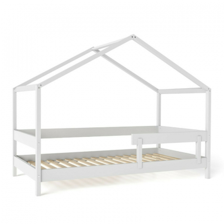 Patut tip casuta din lemn junior, 160x80 cm, Din lemn certificat FSC, Transformabil in casuta de joaca, Cu bariera de protectie, In stil scandinav, Alb, YappyKids, YappyHytte Bed [9]