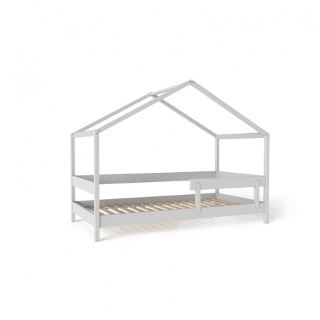 Patut tip casuta din lemn junior, 160x80 cm, Din lemn certificat FSC, Transformabil in casuta de joaca, Cu bariera de protectie, In stil scandinav, Gri, YappyKids, YappyHytte Bed [7]