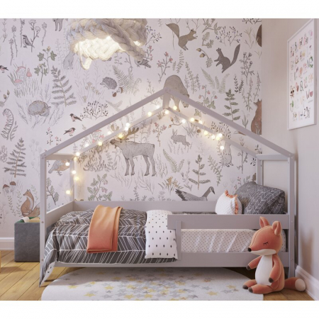 Patut tip casuta din lemn junior, 160x80 cm, Din lemn certificat FSC, Transformabil in casuta de joaca, Cu bariera de protectie, In stil scandinav, Gri, YappyKids, YappyHytte Bed [1]