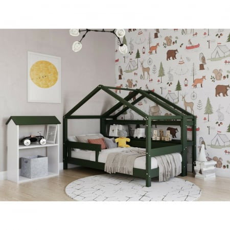 Patut tip casuta din lemn junior, 160x80 cm, Din lemn certificat FSC, Transformabil in casuta de joaca, Cu bariera de protectie, In stil scandinav, Verde, YappyKids, YappyHytte Bed [6]