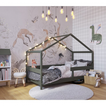 Mobilier si Lenjerie - Patut tip casuta din lemn junior, 160x80 cm, Din lemn certificat FSC, Transformabil in casuta de joaca, Cu bariera de protectie, In stil scandinav, Verde, YappyKids, YappyHytte Bed
