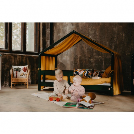 Patut tip casuta din lemn junior, 160x80 cm, Din lemn certificat FSC, Transformabil in casuta de joaca, Cu bariera de protectie, In stil scandinav, Verde, YappyKids, YappyHytte Bed [7]