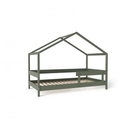 Patut tip casuta din lemn junior, 160x80 cm, Din lemn certificat FSC, Transformabil in casuta de joaca, Cu bariera de protectie, In stil scandinav, Verde, YappyKids, YappyHytte Bed [9]