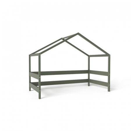 Patut tip casuta din lemn junior, 160x80 cm, Din lemn certificat FSC, Transformabil in casuta de joaca, Cu bariera de protectie, In stil scandinav, Verde, YappyKids, YappyHytte Bed [10]