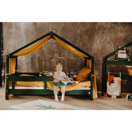 Patut tip casuta din lemn junior, 160x80 cm, Din lemn certificat FSC, Transformabil in casuta de joaca, Cu bariera de protectie, In stil scandinav, Verde, YappyKids, YappyHytte Bed [8]
