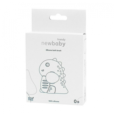 Perie de baie, New Baby, Din silicon, Cu peri moi, Maner ergonomic, Pentru pielea sensibila, 8x11 cm, 0 luni+, Dinosaur/Blue [3]