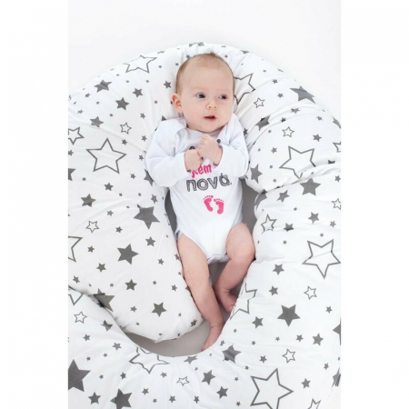 Perna alaptare, New Baby, Cu husa detasabila, In forma de C, Bumbac, Diametru 16 cm, Lungime in jurul circumferintei 285 cm, 100% antialergic, Stars Grey [5]