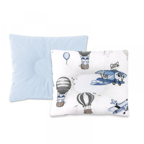 Mobilier si Lenjerie - Perna bebelus, MimiNu, Profilata, Cu doua fete, Cu functie anti-soc, Pufoasa, Din catifea si bumbac, Materiale certificate Oeko Tex Standard 100, 23x26 cm, Blue Plane