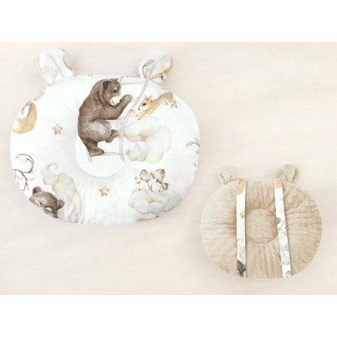 Perna bebelusi, Qmini, Ursulet, Multifunctionala, Cu doua fete, Tesatura pufoasa minky si bumbac, Materiale certificate Oeko Tex Standard 100, 30x23 cm, Minky Teddy Bear and Friends Beige [1]